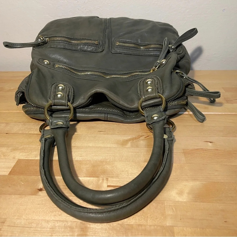 Linea Pelle Dylan Green Italian Leather Studded Tote Shoulder Bag Large